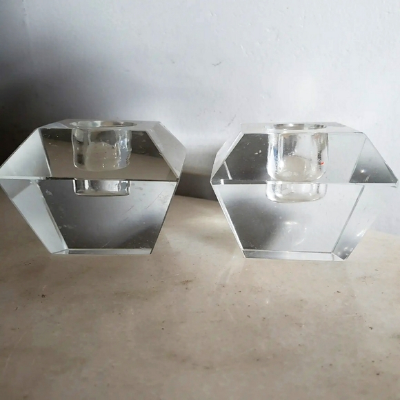 Clear Crystal Block Tapered Candle Stick Holders